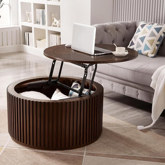 Round Coffee Table for Living Room, Lift Top Coffee Table with Large Storage Compartment, Wood Center Table for Office, No Need Assembly (31x31x16 in)