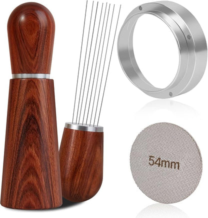 54mm Espresso Accessories Kit, WDT Tool, Dosing Funnel and Puck Screen Set, 316 Stainless Steel Needle Coffee Distribution Stirrer, Portafilter Dosing Ring for Barista 54 mm