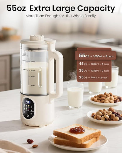 55oz Newly Nut Milk Maker Machine for Almond(Extra Large), Oat Milk,Juice, Soy Milk Maker for Auto Clean, Delay Start, Boil Water, Keep Warm, White,(5-6 Cups)