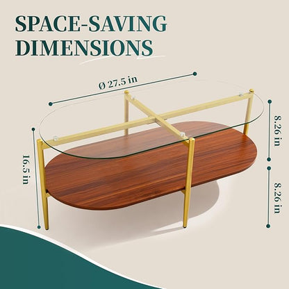 Glass and Wood Coffee Table, Mid Century Modern Design, Clear Glass Top, Solid Brown Storage MDF Shelf and Sturable Gold Legs for Small Space, Office, Department