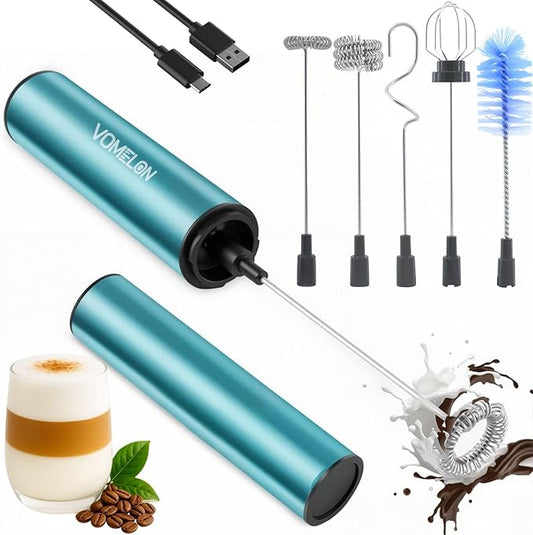 Rechargeable Milk Frother Handheld Electric Frother Wand Milk Foamer Drink Mixer for Coffee, Lattes, Cappuccino, and Egg, Stainless Steel for Travel-Light Blue