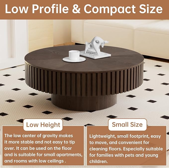 Round Coffee Table with Storage 31.4" Modern Brown Fluted Coffee Table Low Round Storage Drum Pedestal Coffee Tables for Living Room Farmhouse (Brown A 31.4in)