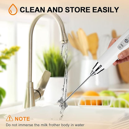 YUSWKO White Handheld Milk Frother Wand with Stand for Coffee, Rechargeable Electric Whisk with 3 Heads 3 Speeds Drink Mixer Coffee Frother For Latte, Cappuccino, Hot Chocolate, Egg