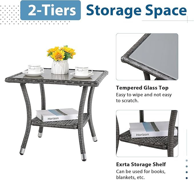 Super Patio Outdoor Side Table, 20" Square Wicker End Coffee Table with Tempered Glass Top, Aluminum Frame, Gray