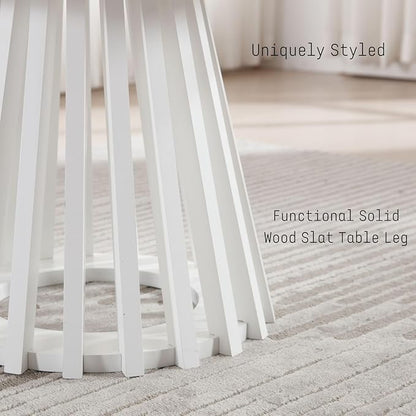 DUOMAY Modern Round Coffee Table with Unique Geometric Base, Sleek White Wood Accent Table for Living Room, Office, Lounge, White