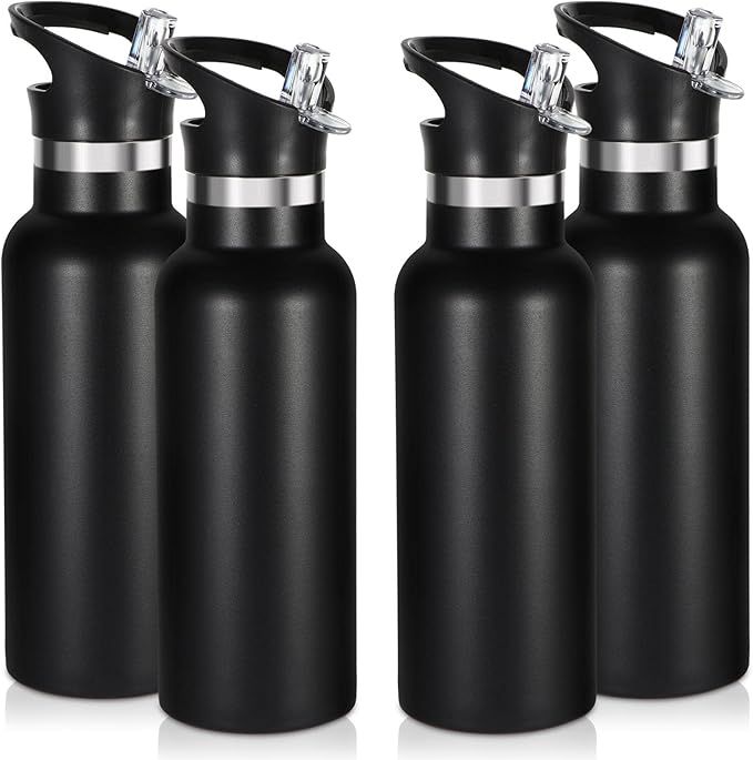 Volhoply 17oz Insulated Water Bottle Bulk 4 Pack,Stainless Steel Kids Water Bottles with Straw Lid,Double Wall Vacuum Metal Water Bottle,Reusable Sports School Flask Keep Cold (Black,4 Set)