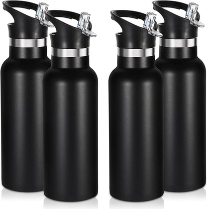 Volhoply 17oz Insulated Water Bottle Bulk 4 Pack,Stainless Steel Kids Water Bottles with Straw Lid,Double Wall Vacuum Metal Water Bottle,Reusable Sports School Flask Keep Cold (Black,4 Set)