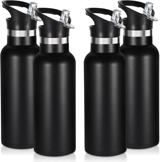 Volhoply 17oz Insulated Water Bottle Bulk 4 Pack,Stainless Steel Kids Water Bottles with Straw Lid,Double Wall Vacuum Metal Water Bottle,Reusable Sports School Flask Keep Cold (Black,4 Set)