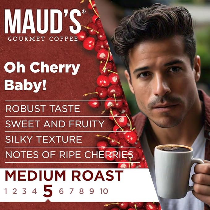 Maud's Cherry Flavored Coffee Pods, 50 ct, Medium Roast Flavored Coffee in Recyclable Single Serve Pods – 100% Arabica Beans, Compatible with Keurig K Cups Maker