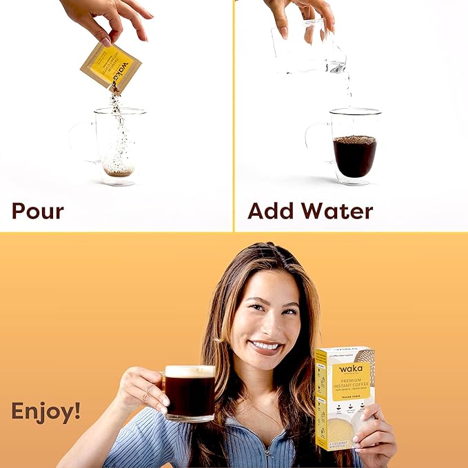 Waka Premium Instant Coffee Sachets — 100% Arabica Freeze Dried Beans — For Hot or Iced Coffee (8 Count, House Roast)