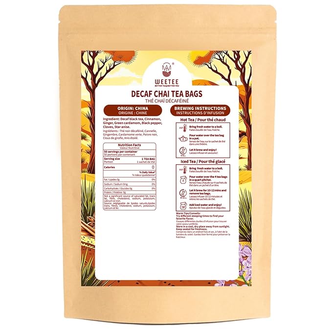 WT WEETEE Decaf Chai Tea Bags 50 Count, Blend CO2 Decaffeinated Black Tea with 6 Spices Chai, Rich & Cinnamon Aroma, Dairy & Flavoring Free