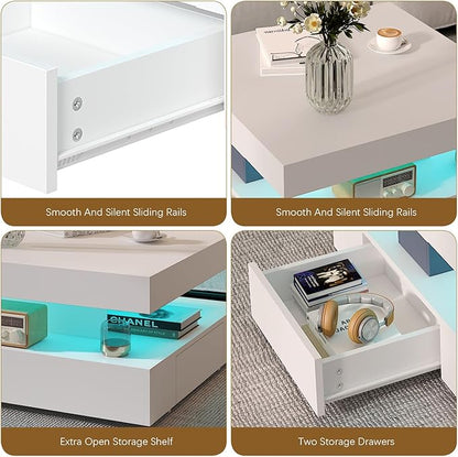 White LED Coffee Table with 2 Storage Drawers for Living Room Square Center Middle Table Modern Cocktail Table with Light 2-Tier Tea Tables Contemporary Mid Century Wood Home Office Waiting Room