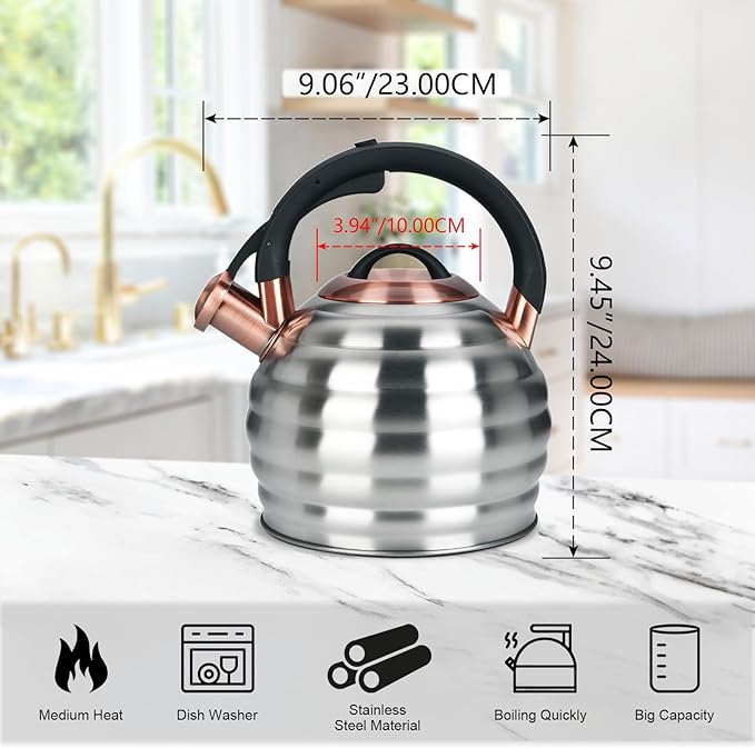 Tea Kettle for Stove Top Whistling Teapot, 3.2Q Tea Pot Stainless Steel Teakettle with Heat Proof Ergonomic Handle