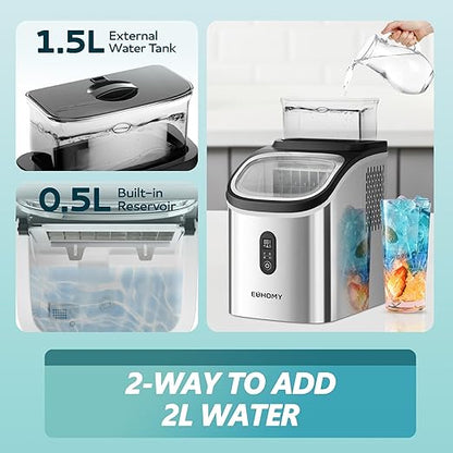 EUHOMY Ice Cube Maker Machine Countertop with External Water Tank, 34Lbs, 16Pcs Ready in 13 Mins, 2 Ways to Add Water, Auto-Cleaning, with Ice Scoop & Basket, for Home/Kitchen/Office/Bar (Silver)