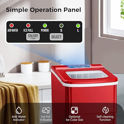 AGLUCKY Ice Makers Countertop with Self-Cleaning, 26lbs/24hrs, 9 Cubes Ready in 6 Mins, Portable Ice Machine with 2 Sizes Bullet Ice/Ice Scoop/Basket for Home/Kitchen/Office/Bar/Party, Red