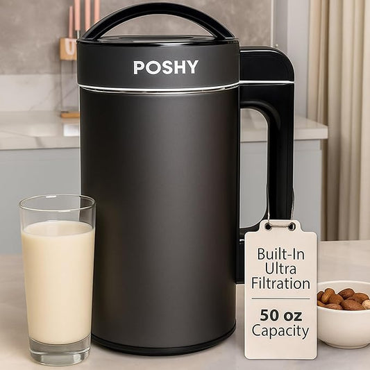 Poshy Nut Milk Maker 50 oz (1.5 L) – Ultra Filtration (No Mesh Bags), Self-Clean, Quiet Motor, Texture Control – Almond/Oat/Soy – Stainless Steel, 120V