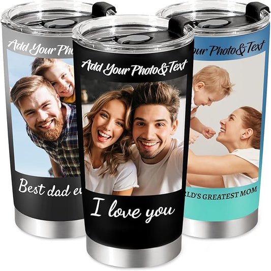 Personalized Tumbler with Pictures Text, Custom Photo Stainless Steel Coffee Tumbler, Coffee Travel Cup Mug 20 Oz Custom Gifts for Fathers Day Christmas Birthday for Dad Mom Kids