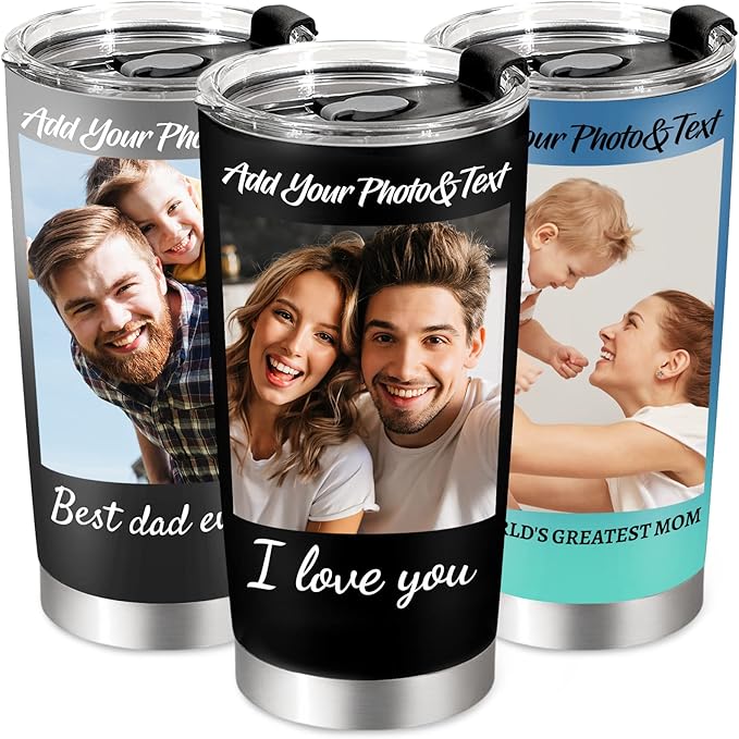 Personalized Tumbler with Pictures Text, Custom Photo Stainless Steel Coffee Tumbler, Coffee Travel Cup Mug 20 Oz Custom Gifts for Fathers Day Christmas Birthday for Dad Mom Kids