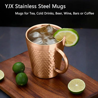 YJX 15oz Coffee Mugs Set of 2, Hammered 304 Stainless Steel Coffee Cups for Gifts, Copper Tea Cup with Handle, Lightweight Teacups for Tea, Cold Drinks, Beer, Wine, Bars, Parties(450ml)