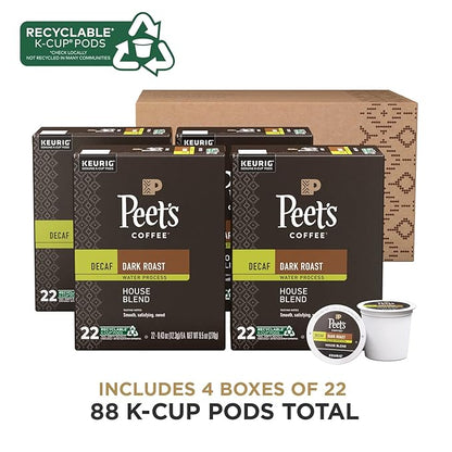 Peet's Coffee, Dark Roast Decaf Keurig K-Cup Pods - Decaf House Blend 88 Count (4 Boxes of 22 K-Cup Pods)