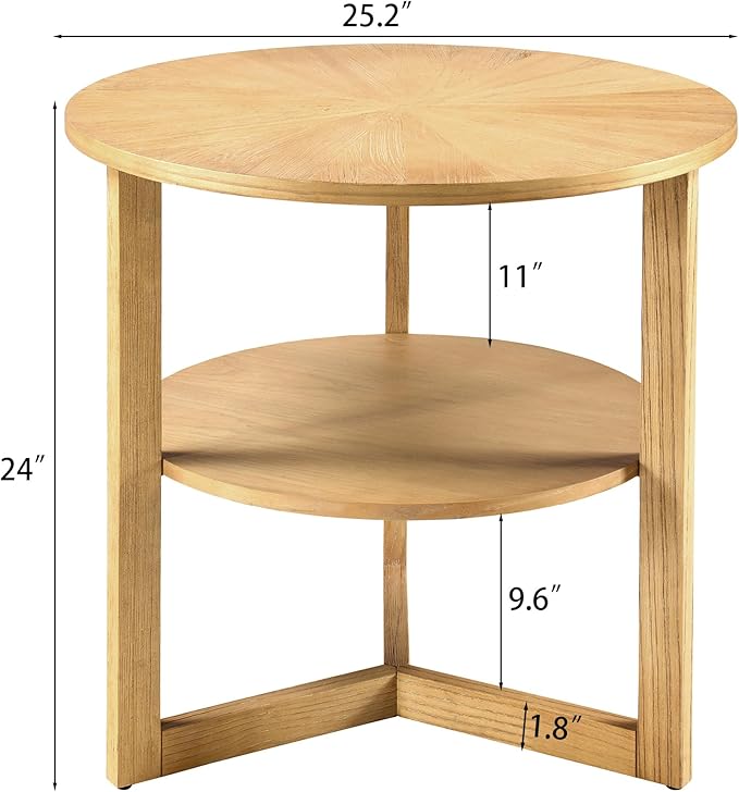 PADMA HOUSE 25" Round Wood End Table, 2-Tier Solid Wood Rounded Accent Side Table Circle Nightstand Table with Storage Shelf Vintage Furniture for Home Living Room Bedroom,Oak 3338OA