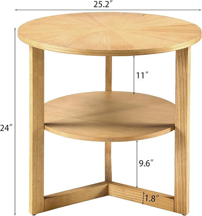 PADMA HOUSE 25" Round Wood End Table, 2-Tier Solid Wood Rounded Accent Side Table Circle Nightstand Table with Storage Shelf Vintage Furniture for Home Living Room Bedroom,Oak 3338OA