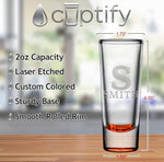 Load image into Gallery viewer, Personalized Shot Glass Orange Bottom Custom 2 oz Cordial Shot Glasses Split Script Initial and Name for Gifts, Weddings, Birthdays, Party, Event, Decorations