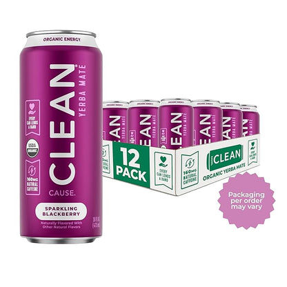 CLEAN Cause Low Calorie Blackberry USDA Organic Sparkling Yerba Mate Tea (16oz cans, 12-Pack Case) Low Sugar, 160mg Caffeine, Healthy Alternative to Soda & Energy Drinks.