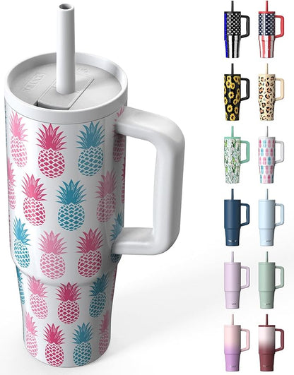 TILUCK 30 oz Tumbler with Handle, Vacuum Insulated Stainless Steel Travel Mug with 100% Leak-Proof Silicone Straw Lid, Cupholder Friendly Water Bottle(Pineapple, 30oz)