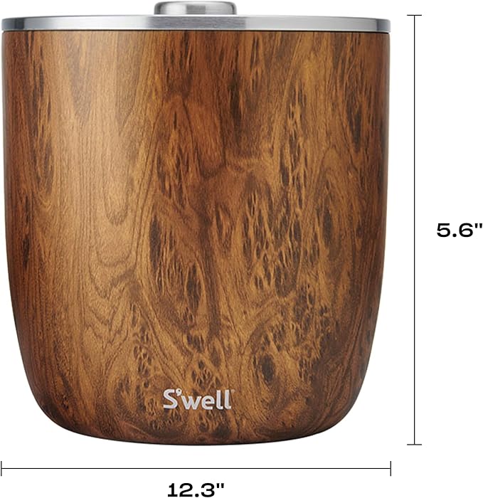 S'well Stainless Steel Ice Bucket XL, 100oz, Teakwood, Includes Lid And Scoop, Triple Layered Vacuum Insulated Container Keeps Ice Colder for Longer, BPA Free Barware