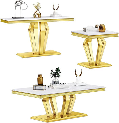 3 Piece Living Room Table Set, Luxury Coffee Table Set with White Top & Gold Diamond-Shaped Stainless Steel Frame, 1 Coffee Table + 1 Console Table + 1 End Table for Home Office