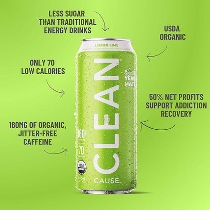 CLEAN Cause Low Calorie Lemon Lime USDA Organic Sparkling Yerba Mate Tea (16oz cans, 12-Pack Case) Low Sugar, 160mg Caffeine, Healthy Alternative to Soda & Energy Drinks.