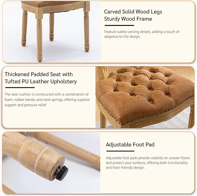 French Country Dining Chairs Set of 8, Vintage Wooden Dining Chairs with PU Leather Upholstered Tufted Seat,Solid Wood Legs&Frame, Farmhouse Kitchen&Living Room Chairs(Orange,8 Pcs)