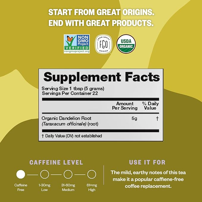 FGO Organic Dandelion Root Loose Tea, Cut and Sifted, Caffeine Free, 16oz Bulk Resealable Bag, Packaging May Vary (Pack of 1)