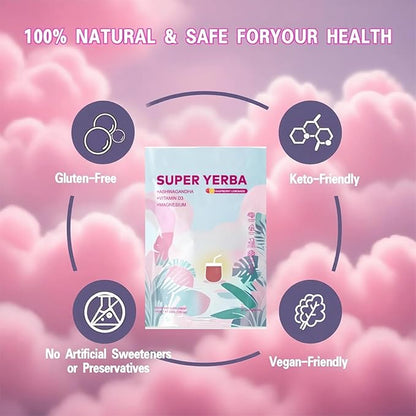 Super Yerba,Yerba Mate Instant Tea Powder,3-in-1 Formula with Low Sugar Prebiotics & Probiotics - Raspberry Lemonade Flavor with Lion's Mane,Energy Support & Focus Enhancer - Gluten-Free, Vegan, Non-GMO, 30 Servings