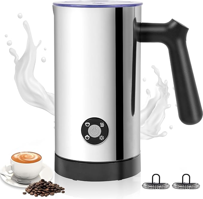 Milk Frother, 4-in-1 Milk Frother and Steamer, 10.6oz Electric Milk Steamer, Automatic Cold and Hot Foam maker for Lattes, Cappuccinos, Ceramic Lining Interior (Polished)