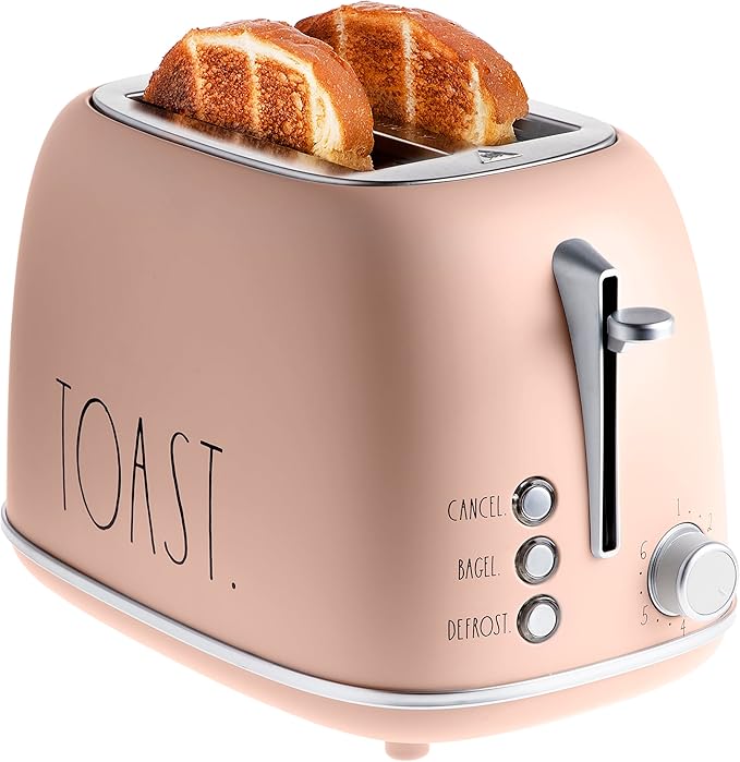 Rae Dunn Retro Rounded Bread Toaster, 2 Slice Stainless Steel Toaster with Removable Crumb Tray, Wide Slot with 6 Browning Levels, Bagel, Defrost and Cancel Options, Blush