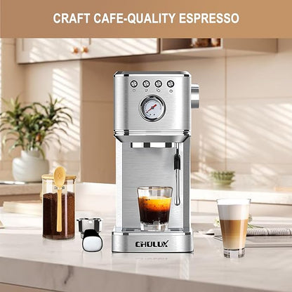 CHULUX Kom-Pro Espresso Machine 20 Bar, Semi Automatic Stainless Steel Coffee Machine for Home Latte Cappuccino Espresso Maker, Powerful Milk Frother Steam Wand