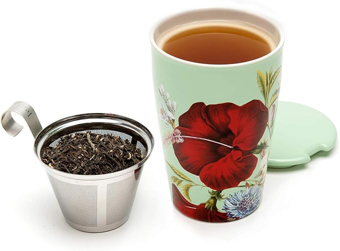 Tea Forte Fleur Double-Walled Ceramic Kati Cup with Removable Stainless Steel Infuser Basket and Lid, Steeps 12 oz Loose Leaf Tea, Lid and Cup Dishwasher & Microwave Safe