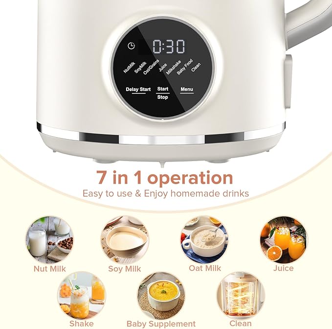 N7 Nut Milk Maker, 50oz (1.5L) Automatic Soy Milk Maker Machine for Homemade Oat Milk, Nutmilk, Juice, Milkshake, Baby Food, Grains, Almonds Milk Maker with Delay Start/Keep Warm/Clean