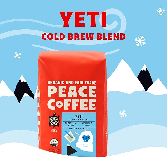 Peace Coffee Yeti Cold Brew Blend | 20 oz Medium Roast Whole Bean | Organic Fair Trade | Smooth, Rich Flavor | Shade Grown, Fresh Roasted