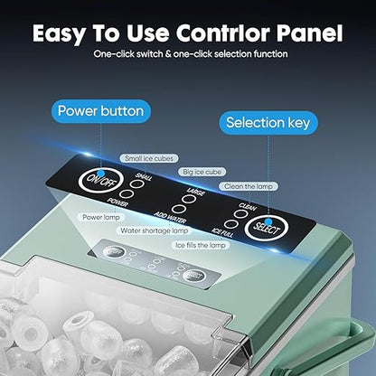 Sweetcrispy Countertop Ice Maker with Scoop, Basket and Handle, Portable Ice Machine 9 Ice Cubes Ready in 6 Mins, 26.5lbs in 24Hrs, 2 Sizes for Home Kitchen Office Bar Party, Green