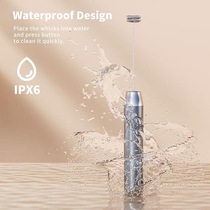 Maestri House Rechargeable Milk Frother with Stand, LunaFro Handheld Electric Foam Maker Waterproof Detachable Stainless Steel Whisk Drink Mixer Foamer for Lattes, Cappuccino