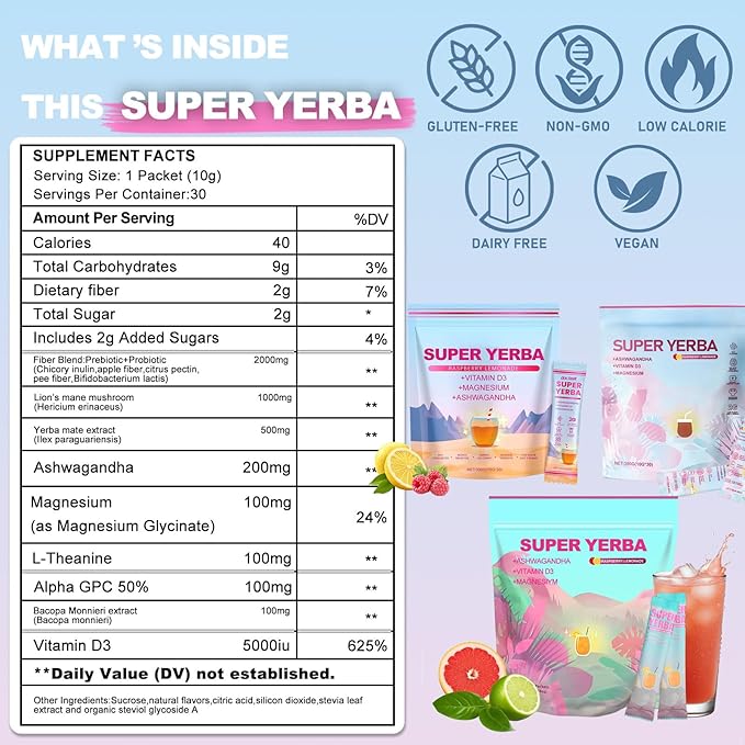 Super Yerba Mate Instant Powder Variety Pack - Citrus, Lemon & Grapefruit Flavors | 30 Servings Each | Energy Boost, Mental Clarity, Gut Health & Satiety | Prebiotics, Probiotics, Hot & Cold Brew, Portable (3pcs/set)