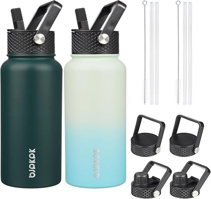 BJPKPK 2 Pack Insulated Water Bottles with Straw Lids, 27oz Stainless Steel Metal Water Bottle with 6 Lids, Leak Proof BPA Free Jugs, Cups, Flasks for Travel, Sports (Army Green+Mint)