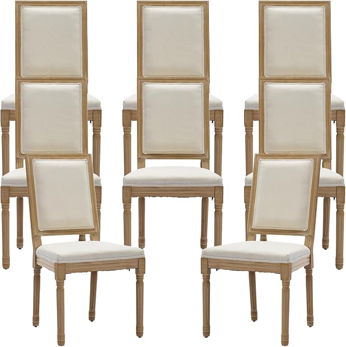 French Country Dining Chairs Set of 8, Beige Square Back Dining Chairs with Linen Upholstered Seat, Solid Wood Legs, Farmhouse Kitchen & Dining Room Chairs, Sillas De Comedor (Beige, 8Pcs)