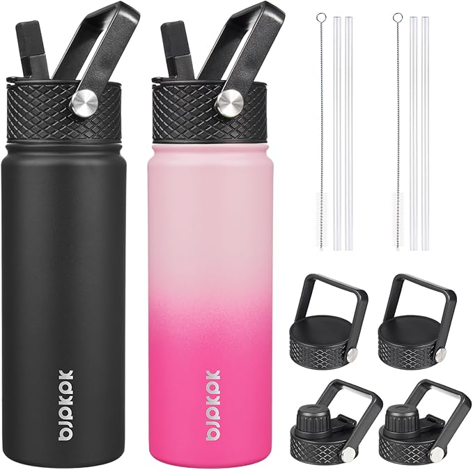 BJPKPK 2 Pack Insulated Water Bottles with Straw Lids, 22oz Stainless Steel Metal Water Bottle with 6 Lids, Leak Proof BPA Free Jugs, Cups, Flasks for Travel, Sports (Cherry+Black)