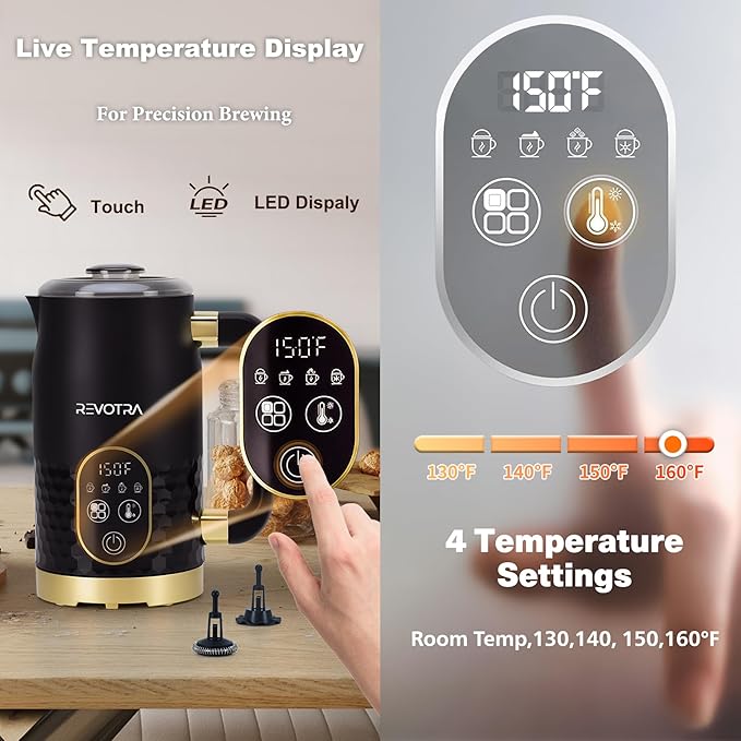 Milk Frother with Touchscreen & Temp Display, 4-in-1 Electric Milk Steamer for Hot & Cold Foam, Adjustable Temperature, Silent Operation, 300ml Non-Stick Frother for Coffee, Latte, Hot Chocolate