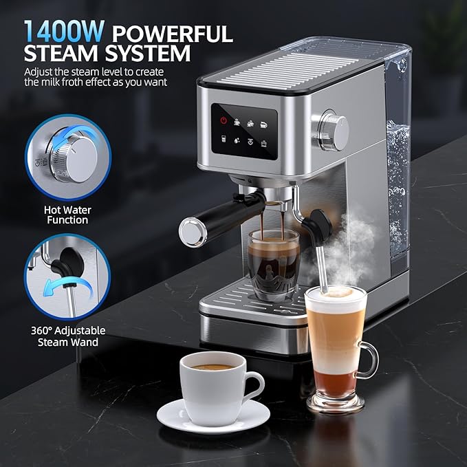 Espresso Machine with Milk Frother, 20 Bar Compact Coffee Machine with Touch Screen & 57.5oz Removable Water Tank for Home, Stainless Steel Espresso Maker for Cappuccino, Latte(2025 updated model)