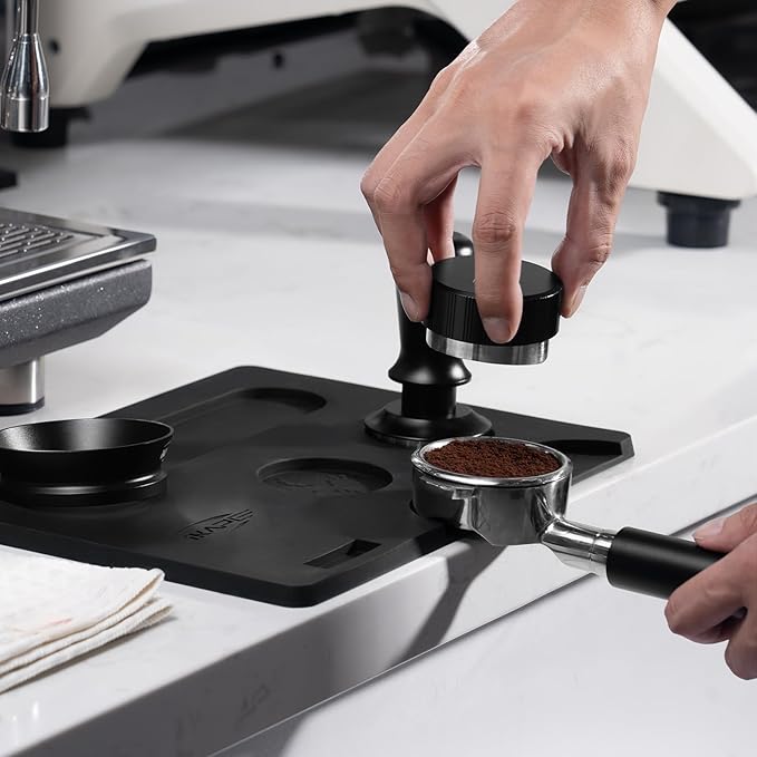 IKAPE 53MM Coffee Tamper Set Black 6 IN 1, Espresso Tamper, Distributor, Magnetic Dosing Funnel, Silicone Mat, Puck Screen, Cleaning Towel